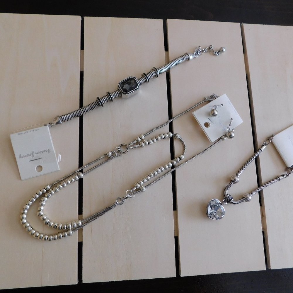 Silver Balls Necklace and two (2) Bracelets with Pierced Earrings